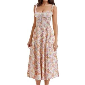 Women Floral Print Lace Up Front Split Corset Sleeveless A-Line Maxi Dress